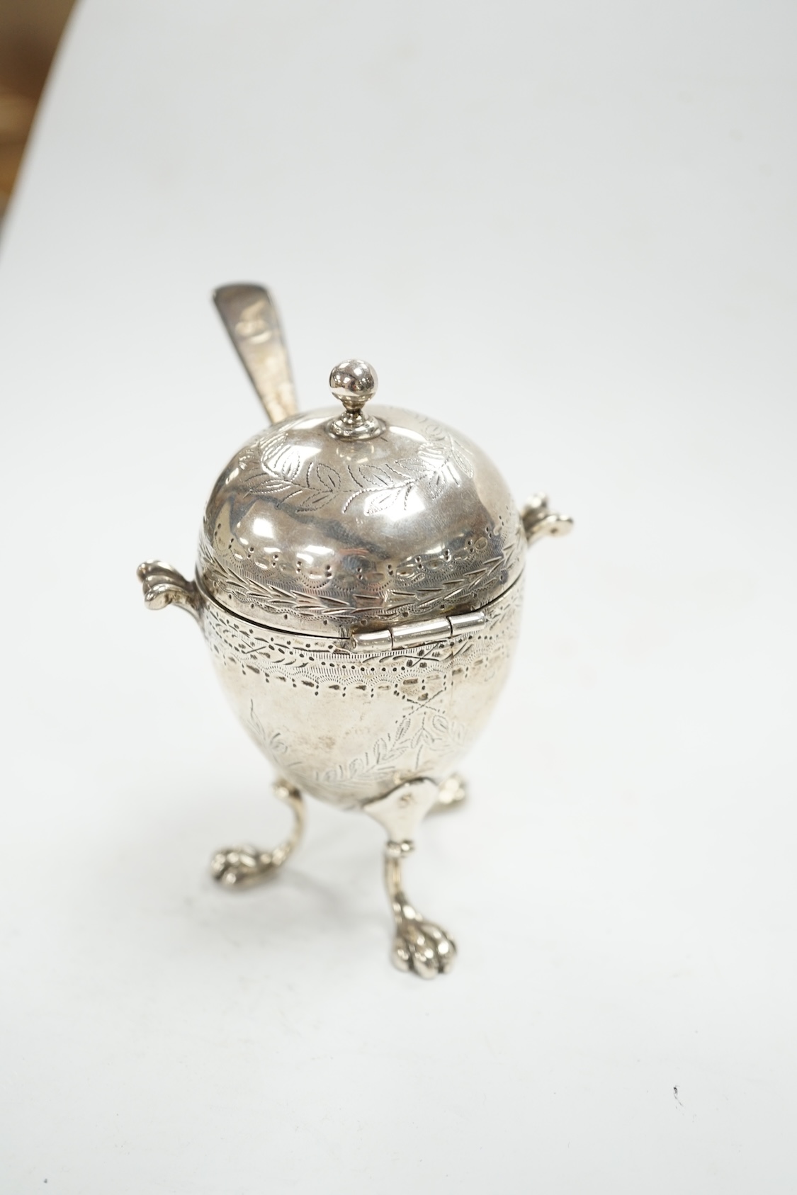 A Victorian silver egg shaped mustard pot, on paw feet, London, 1867, 10.5cm, with an earlier silver mustard ladle. Condition - fair